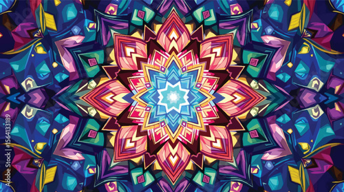 Colorful symmetrical mandala design with geometric shapes and vibrant shades of colors.