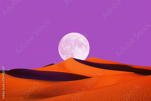 Desert with bright orange sand dunes and purple shadows, oversized full moon hanging low over the scene