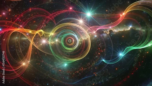 Endless swirling galaxy of colorful particles and light trails, forming spirals and waves, with smooth slow motion and a deep space background.

