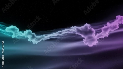 Abstract teal and purple cloud wave over dark background, nebula concept. Colorful, dreamy clouds, with space effect. Design element.