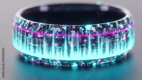 Futuristic technology ring concept with blue and purple glowing lights, digital design, and geometric shapes.