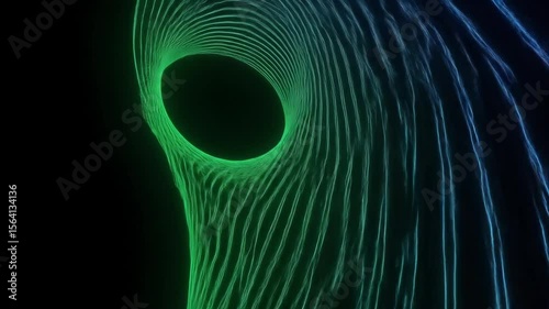Abstract background with green and blue gradient lines forming a curved wave pattern for digital design and technology concepts.