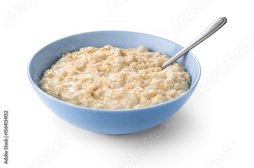 Konstfotografi Oatmeal porridge in blue bowl isolated on white