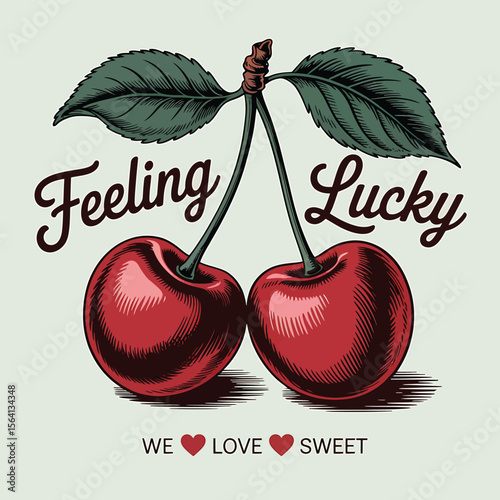 Depicts two cherries with a vintage feel alongside the phrase 