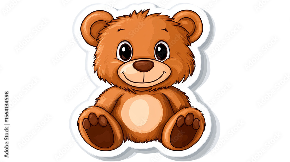 Obraz premium Cartoon bear sits with a gentle smile and fluffy fur on a sticker with a border.
