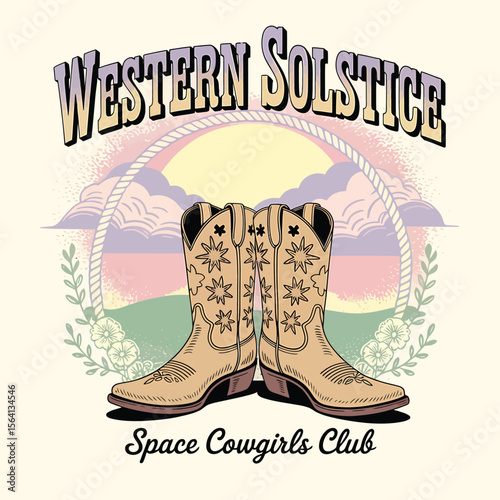 A vintage Western Solstice scene showcases cowboy boots against a backdrop of sunset, rope, and flowers, suitable for apparel designs, branding elements, and retro-themed graphics.