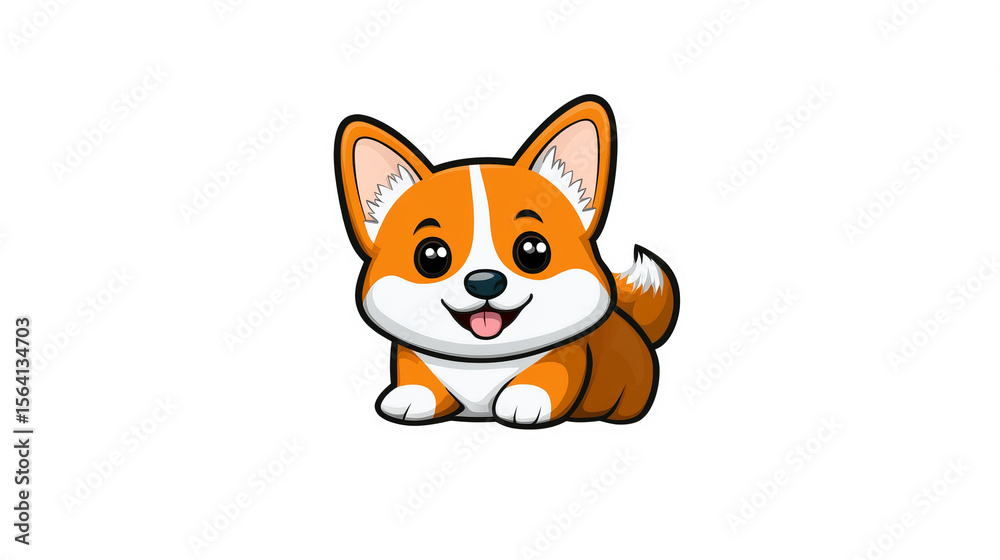 Obraz premium Cartoon corgi is lying down with a smile, appearing happy and ready to play, shown as a sticker.