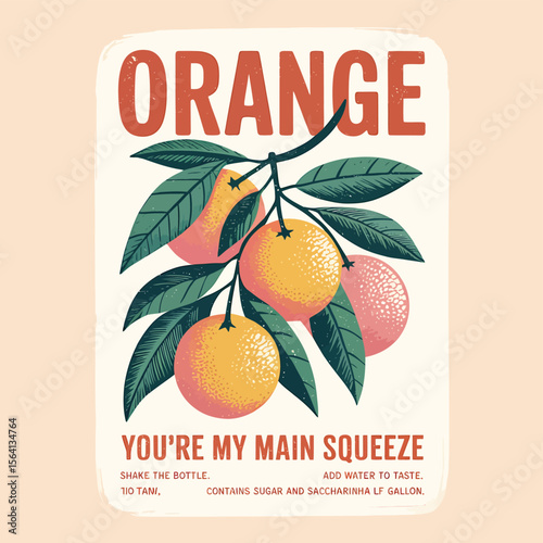 Celebrate the taste of summer with a citrusy, appealing graphic of orange fruit with stylized foliage, ideal for branding, posters, or product promotion with a vintage vibe.