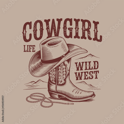 Explore the spirit of the wild west with this country-themed graphic, perfect for creating bold apparel designs, western-inspired logos, or rustic branding with cowgirl style and vintage flair.