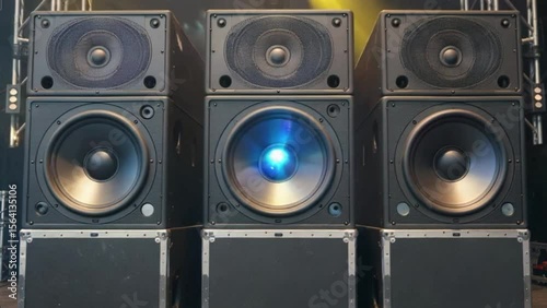 Cinematic Bass Speakers with Pulsing Soundwaves, Neon Particle Bursts, and Forward Motion on Dark Stage