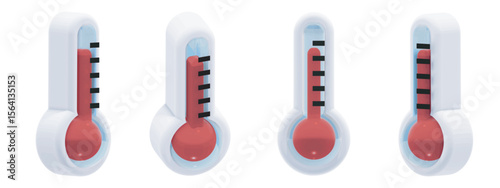 3d vector thermometer weather icon, global warming hot temperature in red. Includes four different angles. Glossy modern look, ideal for weather apps, forecasts, infographics and digital interfaces.