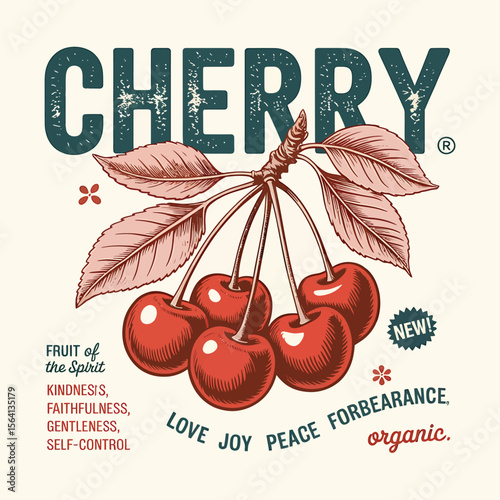 Delightful cherry fruit art graphic, perfect for organic product branding, featuring classic style and emphasizing the fruit's natural goodness with a touch of vintage charm.