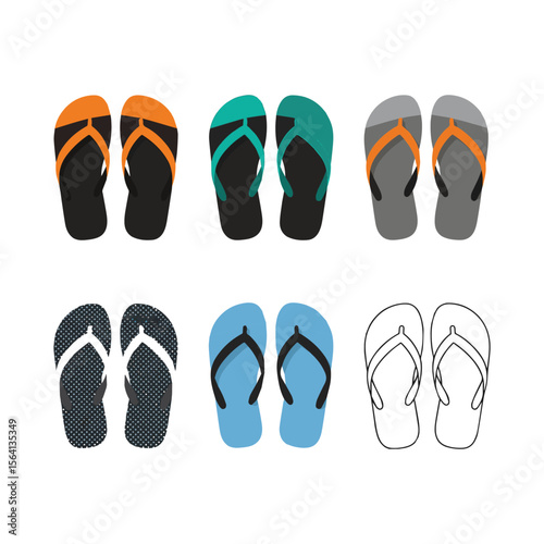 Collection of six pairs of colorful flip flops isolated on white background Art & Illustration