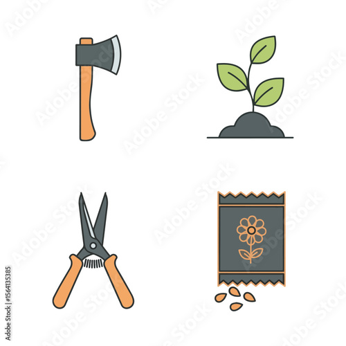 Gardening tools and planting supplies icon set isolated on white background Art & Illustration