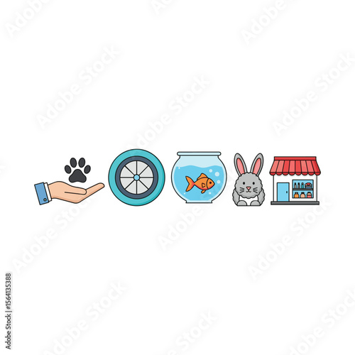 Collection of pet care icons including paw print fish bowl rabbit and pet store isolated on white background Art & Illustration