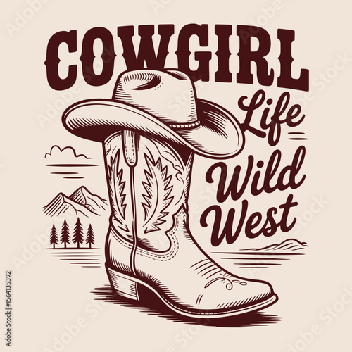 A charming design shows cowgirl life in the wild west with a cowboy boot and hat amidst a rustic landscape, perfect for scalable graphics and vintage themed artwork.