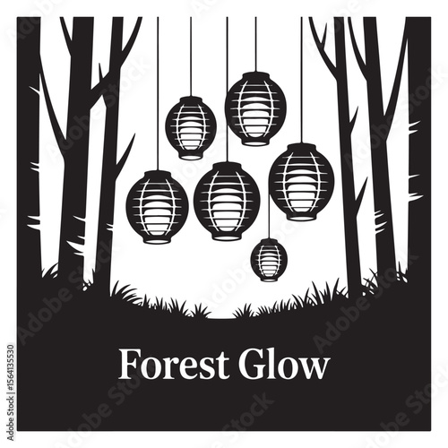 Black forest trees with hanging lanterns and grass vector