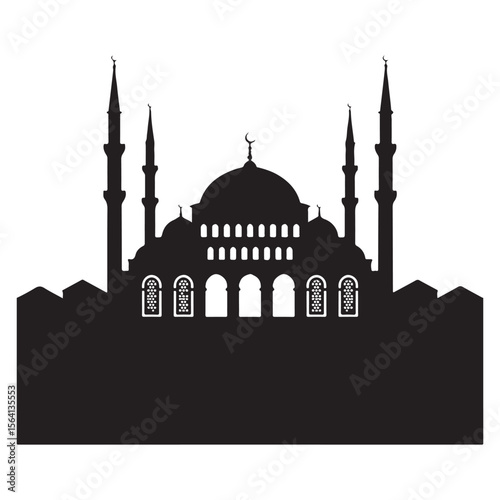 Black silhouette of a grand mosque with multiple minarets and domes Islamic architecture