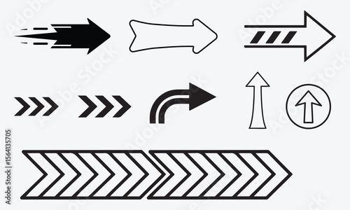 Acceleration Arrow Icon, Turn and Speed Symbols in Line and Silhouette Vector Style on White Background