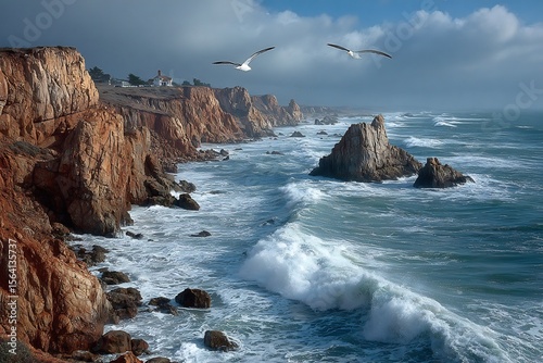 Dramatic cliff edge the American coastline waves crashing below seagulls flying above