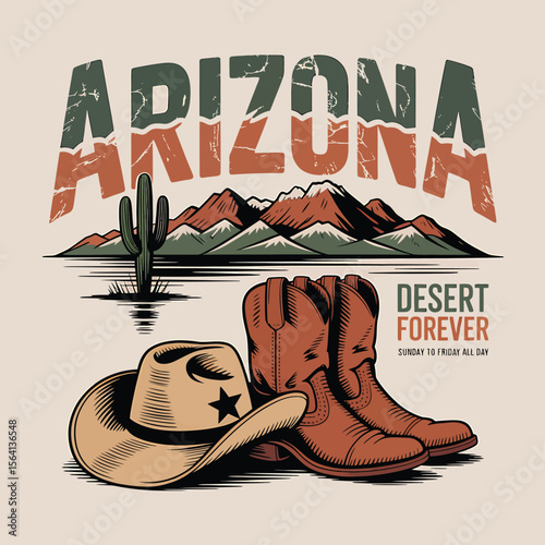 Arizona desert landscape art showcases a cactus, mountains, cowboy hat, and boots, evoking a retro wild west spirit suitable for posters and apparel designs.