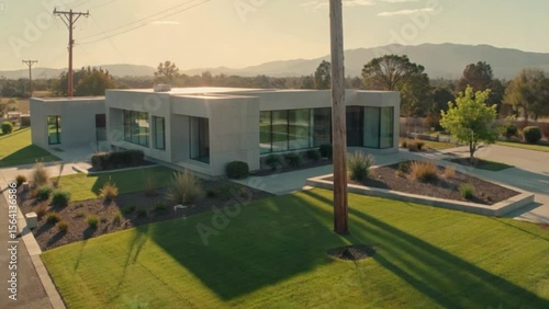Modern Luxury Home with Glass Windows and Garden at Golden Hour