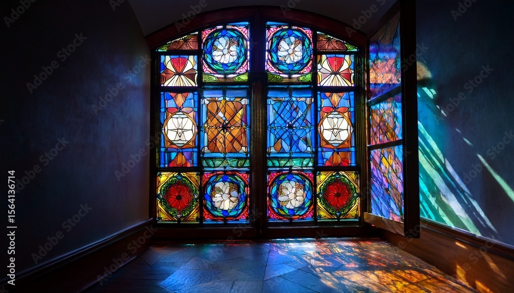 Obraz premium illuminated stained glass window with colorful light casting shadows in a dark room architectural design