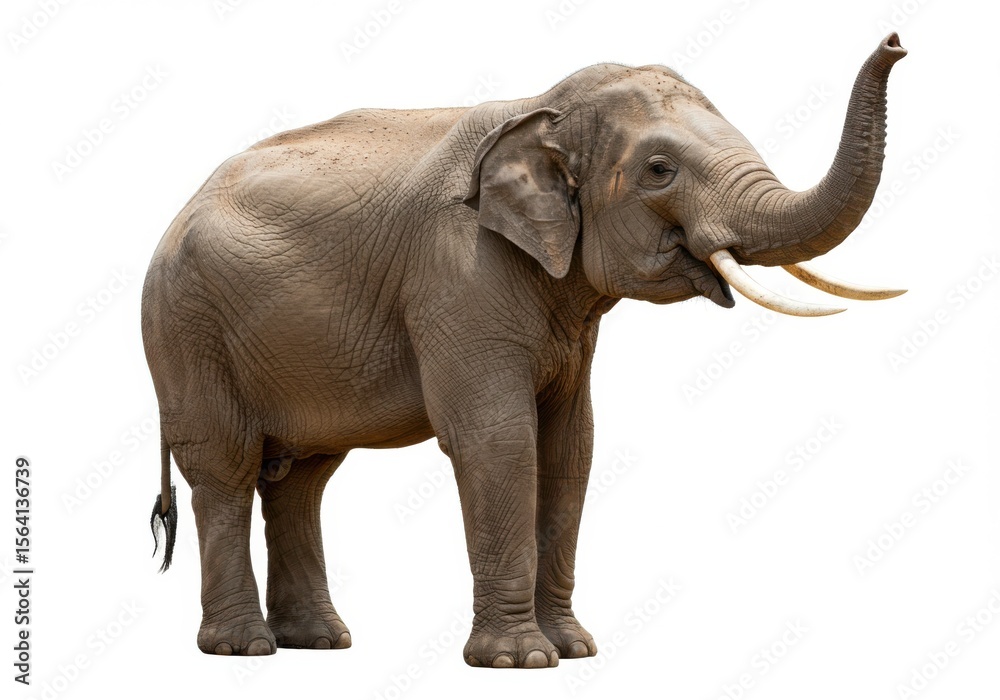 Fototapeta premium An asian elephant stands isolated on white background, its trunk raised