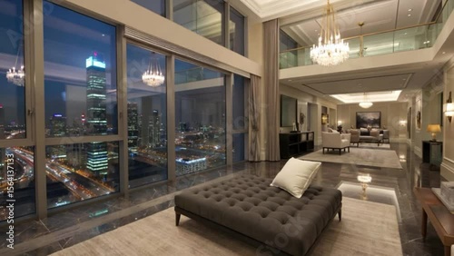 Luxurious Living Room with Double-Height Ceiling, Floor-to-Ceiling Window, Plush Bed, and Cityscape View