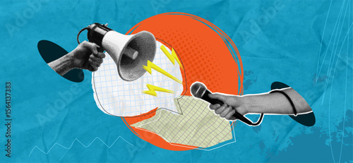 Trendy Halftone Collage Hand holding Megaphone and microphone for media interview and news. Speech bubble messages. Journalist and reporter. Broadcast recording. Contemporary vector illustration art