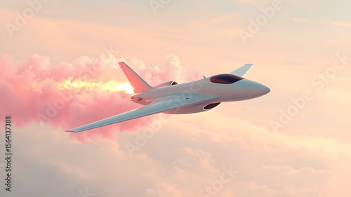 White Futuristic Jet Plane Pink Sunset Cloudscape airplane