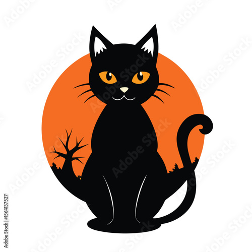 Halloween Black Cat and Harvest Moon | Spooky Night Scene Vector