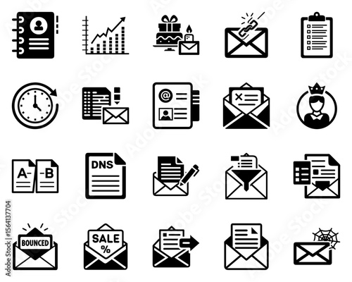 Digital campaign icons for email marketing in black silhouettes