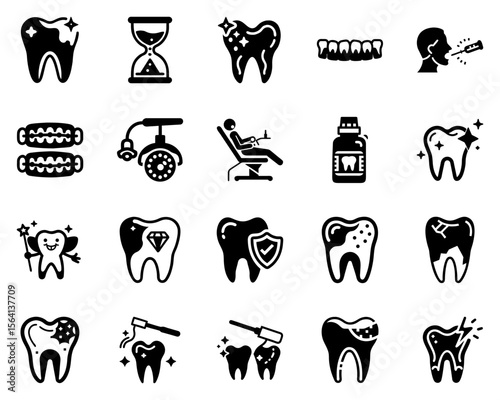 Dental care vector icon set featuring teeth and dental tools