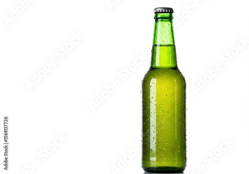 A refreshing green beer bottle with condensation isolated on white background