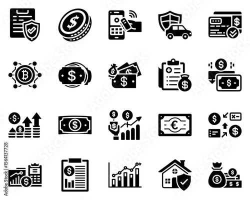 Finance vector icon set with money symbols and financial actions