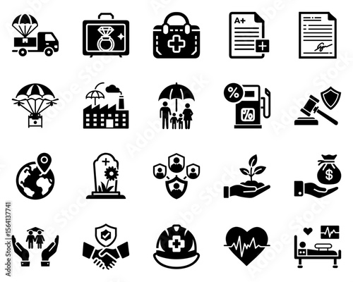 Insurance Types Vector Icon Set Featuring Black Silhouettes