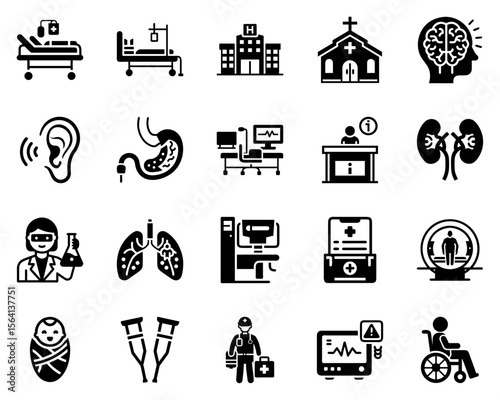 A collection of black icons for various hospital departments