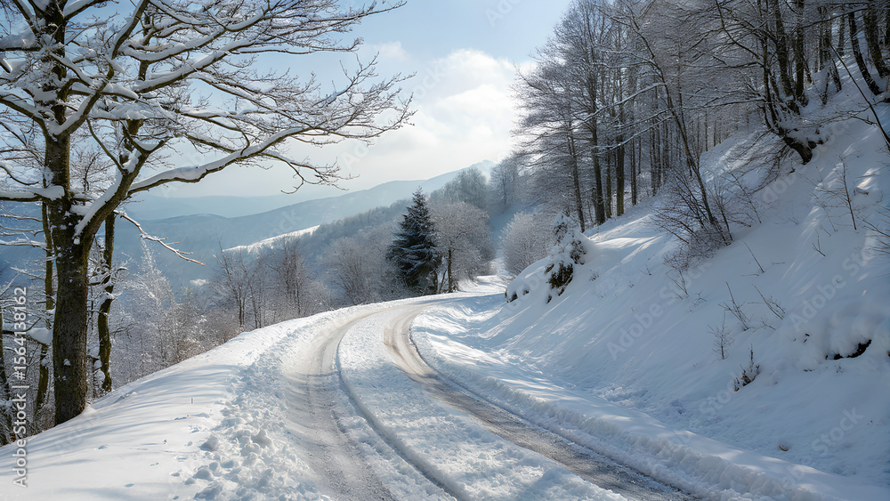 Fototapeta premium winter road in the forest covered with snow