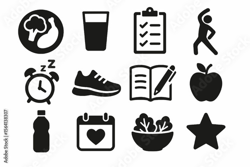 12 black healthy routine icons on white. Vector for balanced, daily wellness.