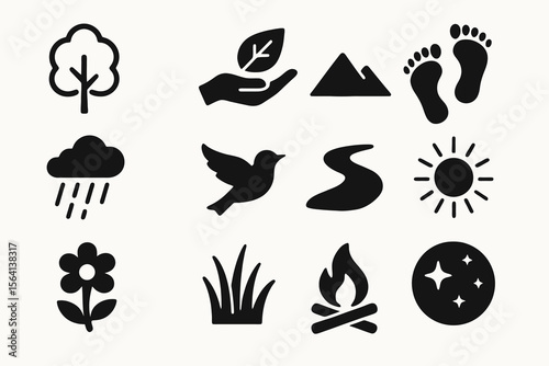 Black icons on white background for natural wellness. Minimal vector for peaceful design.