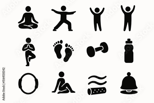 Black icons on white background for soft fitness. Minimal vector for health routines.