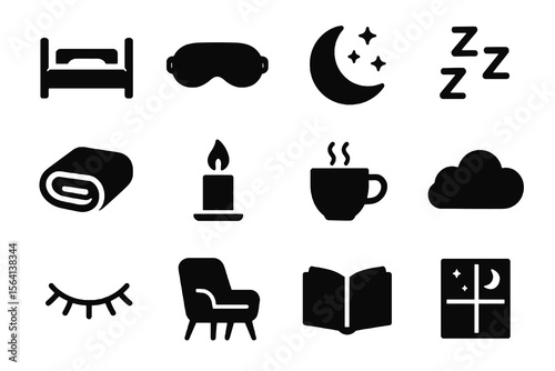 Black icons on white background for relaxation. Minimal vector for healthy sleep routines.