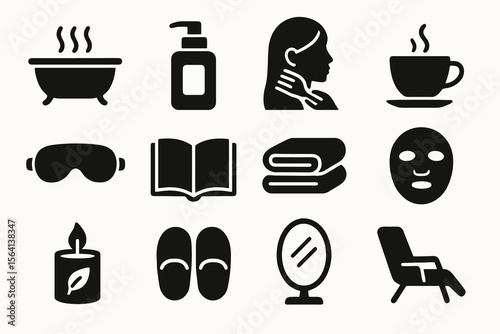 Black icons on white background for personal care. Minimal vector for calming routines.
