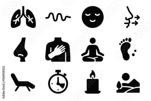 12 black breathing icons on white. Vector for relaxation, calm, and health.