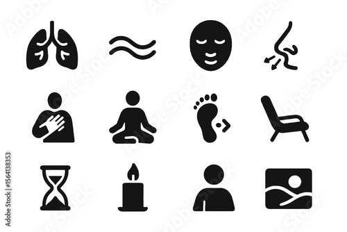 Black icons on white background for mindful breath. Minimal vector for wellness design.