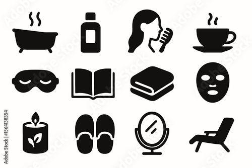 12 black self-care icons on white. Vector for daily wellness and relaxation.