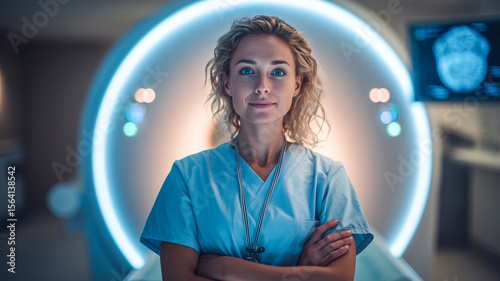 Compassionate Technician Focused on MRI Console Operation in Spotless Radiology Suite with Calm Accuracy