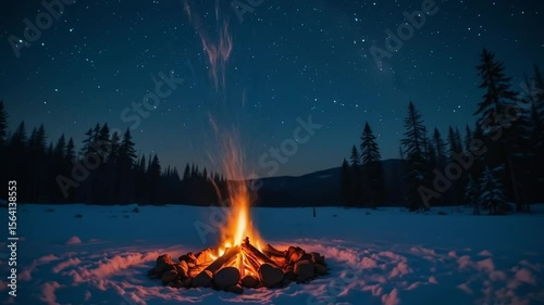 Bonfire Under the Starry Winter Night Sky. 4k video