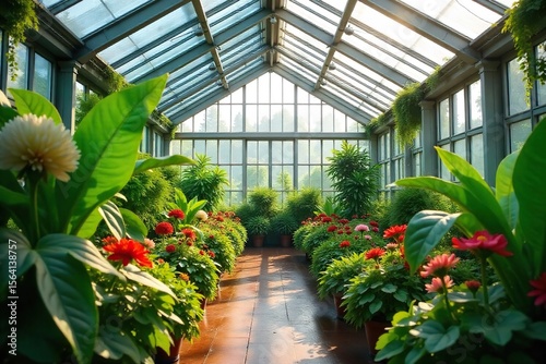 Sunlight Streams into Greenhouse, Illuminating Lush Greenery and Vibrant Blooms